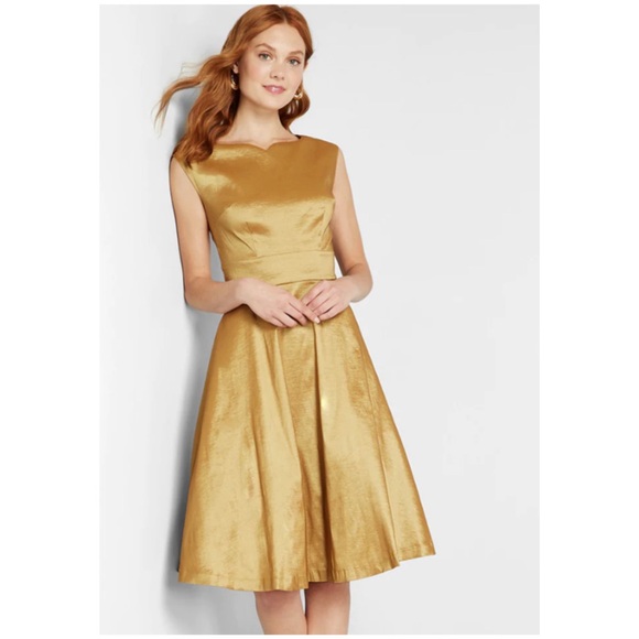 MODCLOTH‎ Women’s Size 8 Gold Fantastic Satin Sleeveless Fit & Flare Midi Dress - Picture 14 of 15